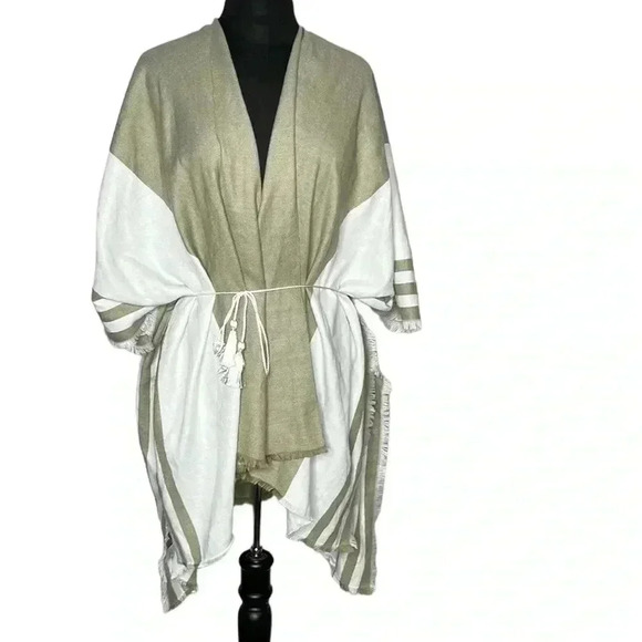 Serra Fringe and Tasseled Tie Waist Tan White Kimino Size OS - Picture 1 of 6